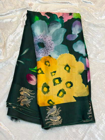 WAAH BANARAS 177B: Banarasi Crape Saree with Digital Floral Print &amp; Zari Border and Palla | Bottle Green
