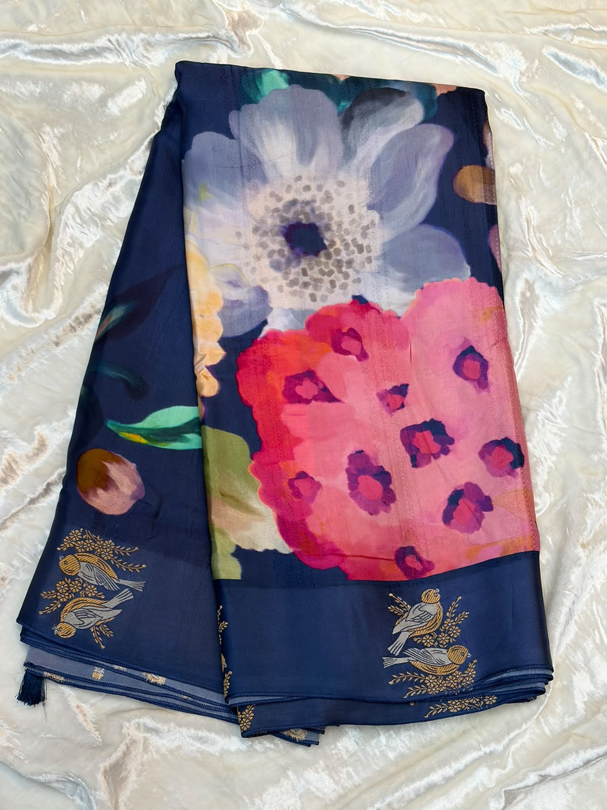 WAAH BANARAS 177: Banarasi Crape Saree with Digital Floral Print &amp; Zari Border and Palla | Navy Blue
