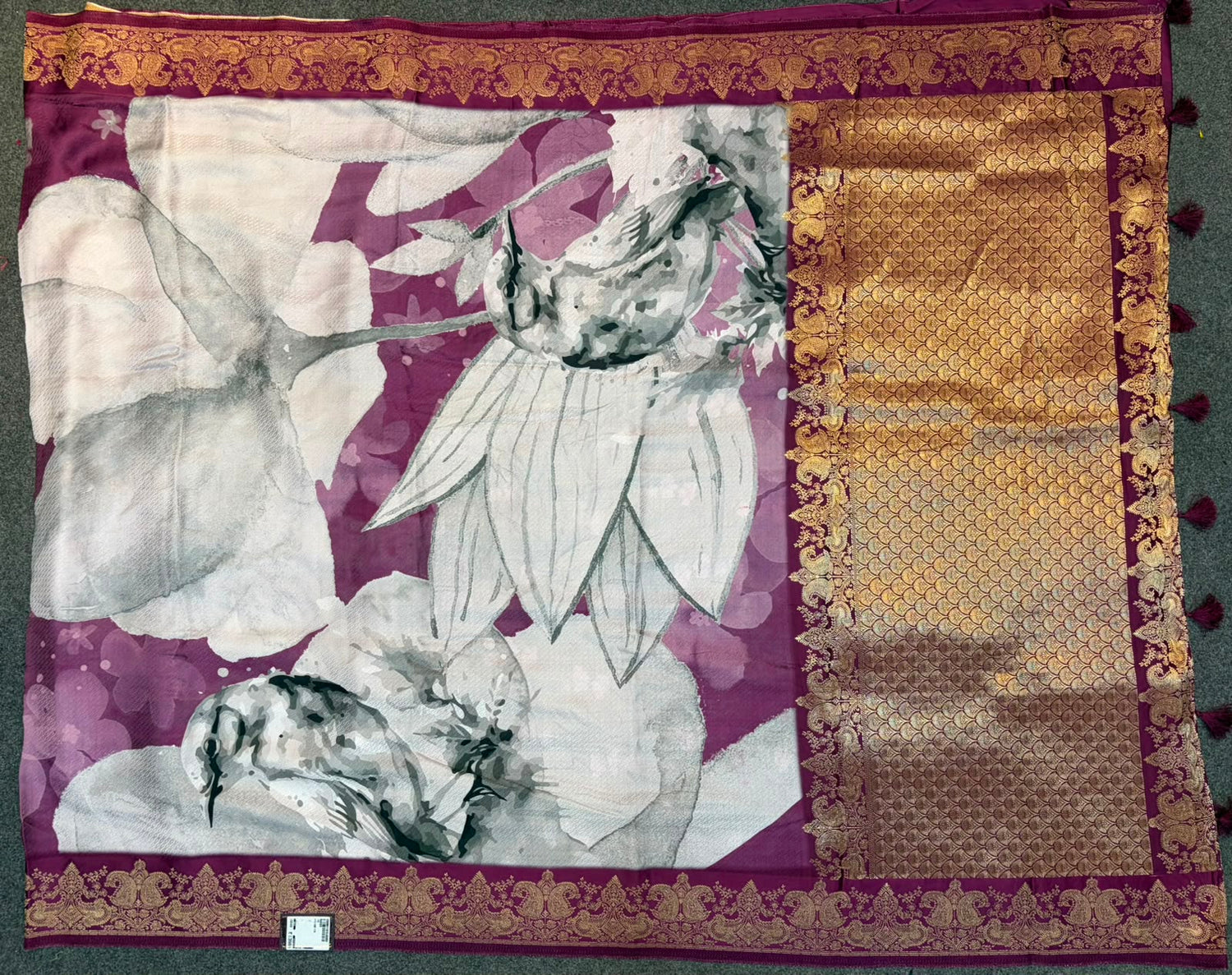 WAAH BANARAS 176: Banarasi Crape Saree with Digital Floral Print &amp; Zari Border and Palla | Deep Onion