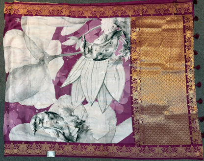WAAH BANARAS 176: Banarasi Crape Saree with Digital Floral Print &amp; Zari Border and Palla | Deep Onion