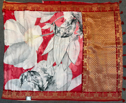WAAH BANARAS 178E: Banarasi Crape Saree with Digital Floral Print &amp; Zari Border and Palla | Red