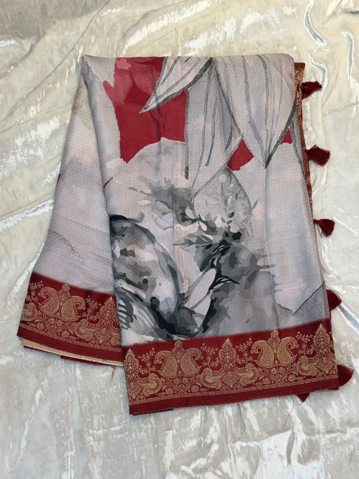 WAAH BANARAS 178E: Banarasi Crape Saree with Digital Floral Print &amp; Zari Border and Palla | Red