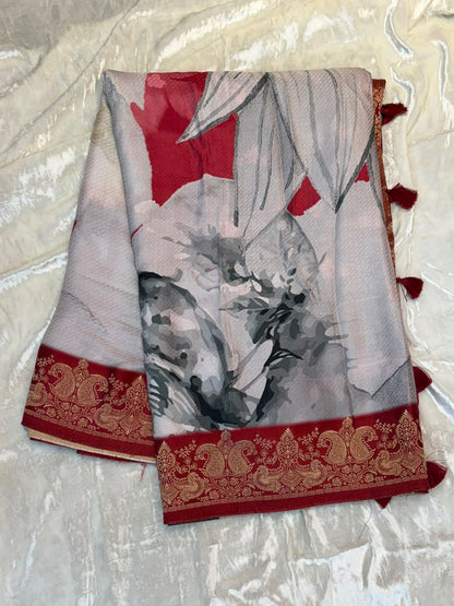 WAAH BANARAS 178E: Banarasi Crape Saree with Digital Floral Print &amp; Zari Border and Palla | Red