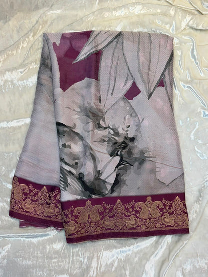 WAAH BANARAS 178B: Banarasi Crape Saree with Digital Floral Print &amp; Zari Border and Palla | Wine