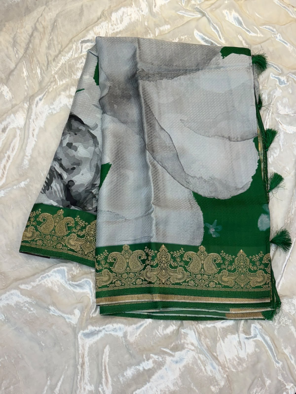 WAAH BANARAS 176B: Banarasi Crape Saree with Digital Floral Print &amp; Zari Border and Palla | Bottle Green