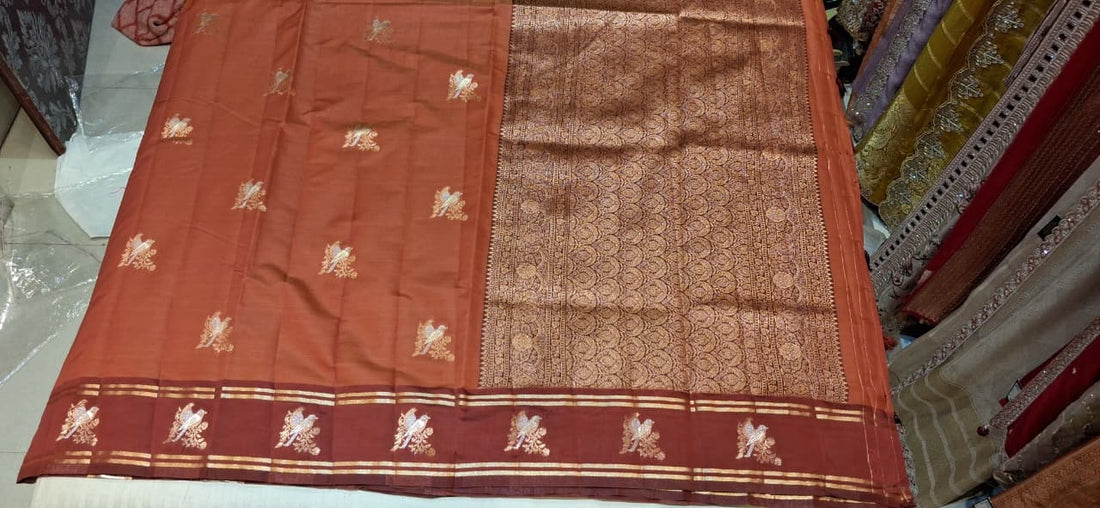 UTSAV BANARAS 503: Rust Orange Banarasi Soft Silk Meenakari Zari Saree
