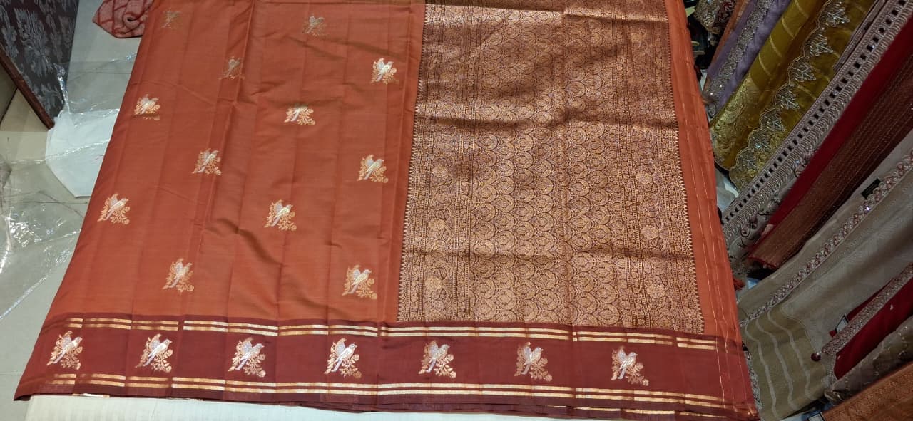 UTSAV BANARAS 503: Rust Orange Banarasi Soft Silk Meenakari Zari Saree