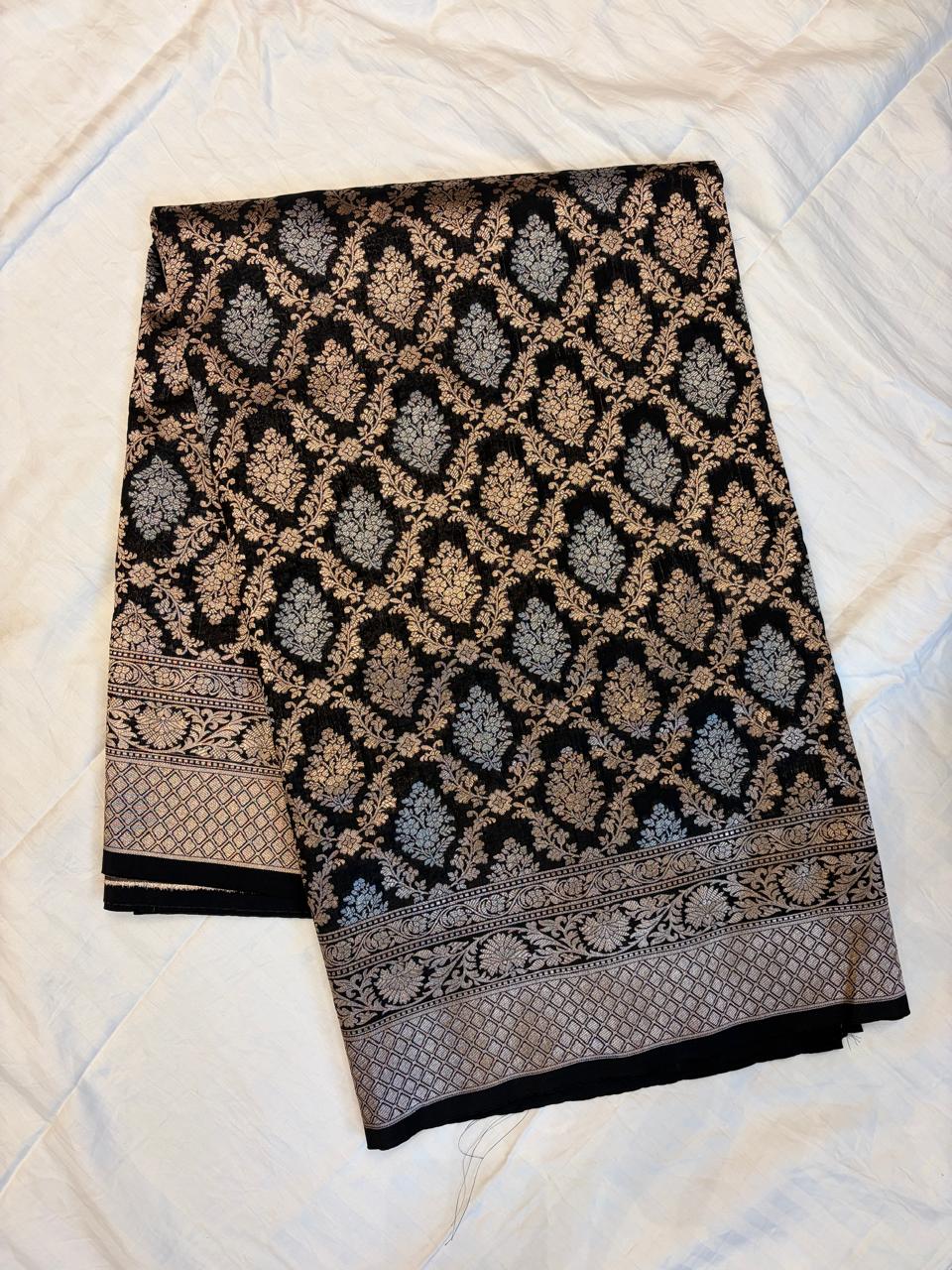 "WAAH BANARAS 114A" Black Banarasi Silk Shikargah Saree with Sona Rupa Weaving