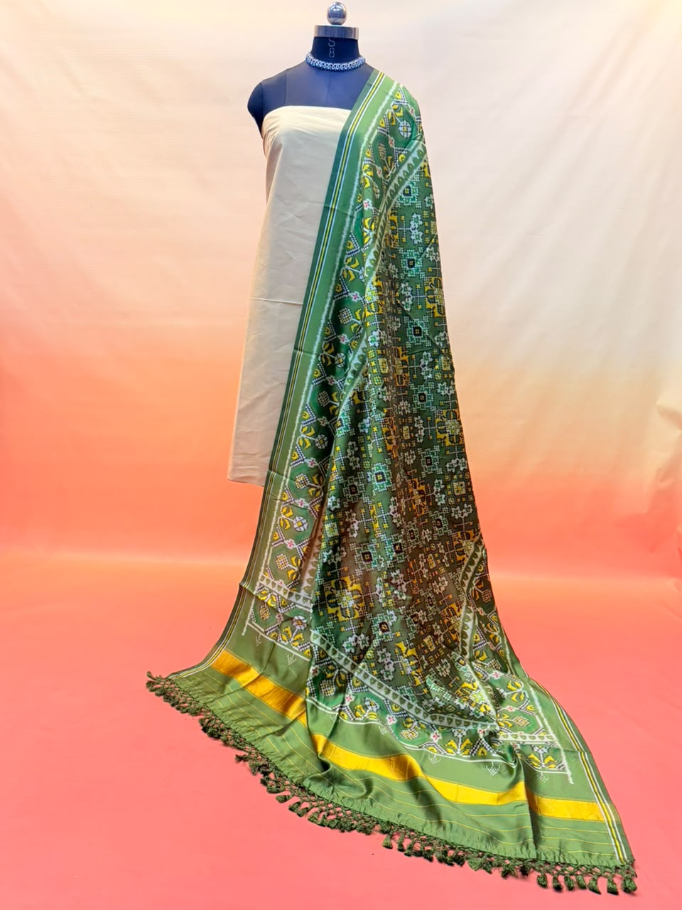 MCD 054 Glossy Green Patola Silk Dupatta With Tassels &amp; Standard Length