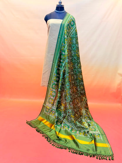 MCD 054 Glossy Green Patola Silk Dupatta With Tassels &amp; Standard Length
