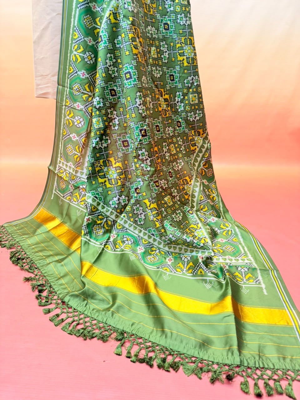 MCD 054 Glossy Green Patola Silk Dupatta With Tassels &amp; Standard Length