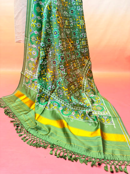 MCD 054 Glossy Green Patola Silk Dupatta With Tassels &amp; Standard Length