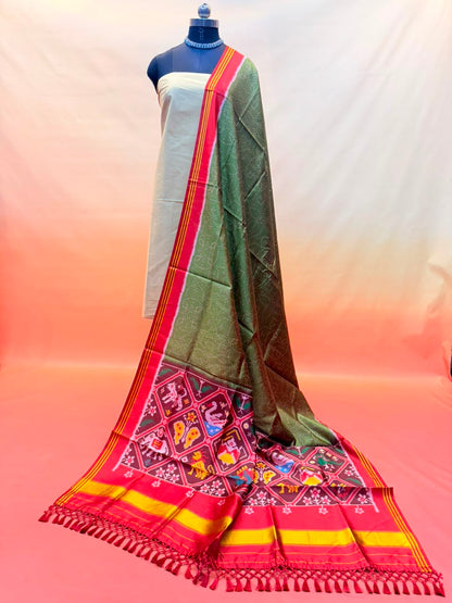 MCD 047 Glossy Green Patola Silk Dupatta With Tassels Standard Length