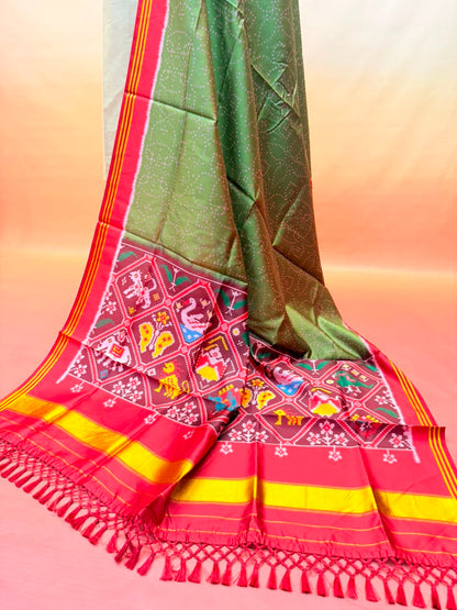 MCD 047 Glossy Green Patola Silk Dupatta With Tassels Standard Length