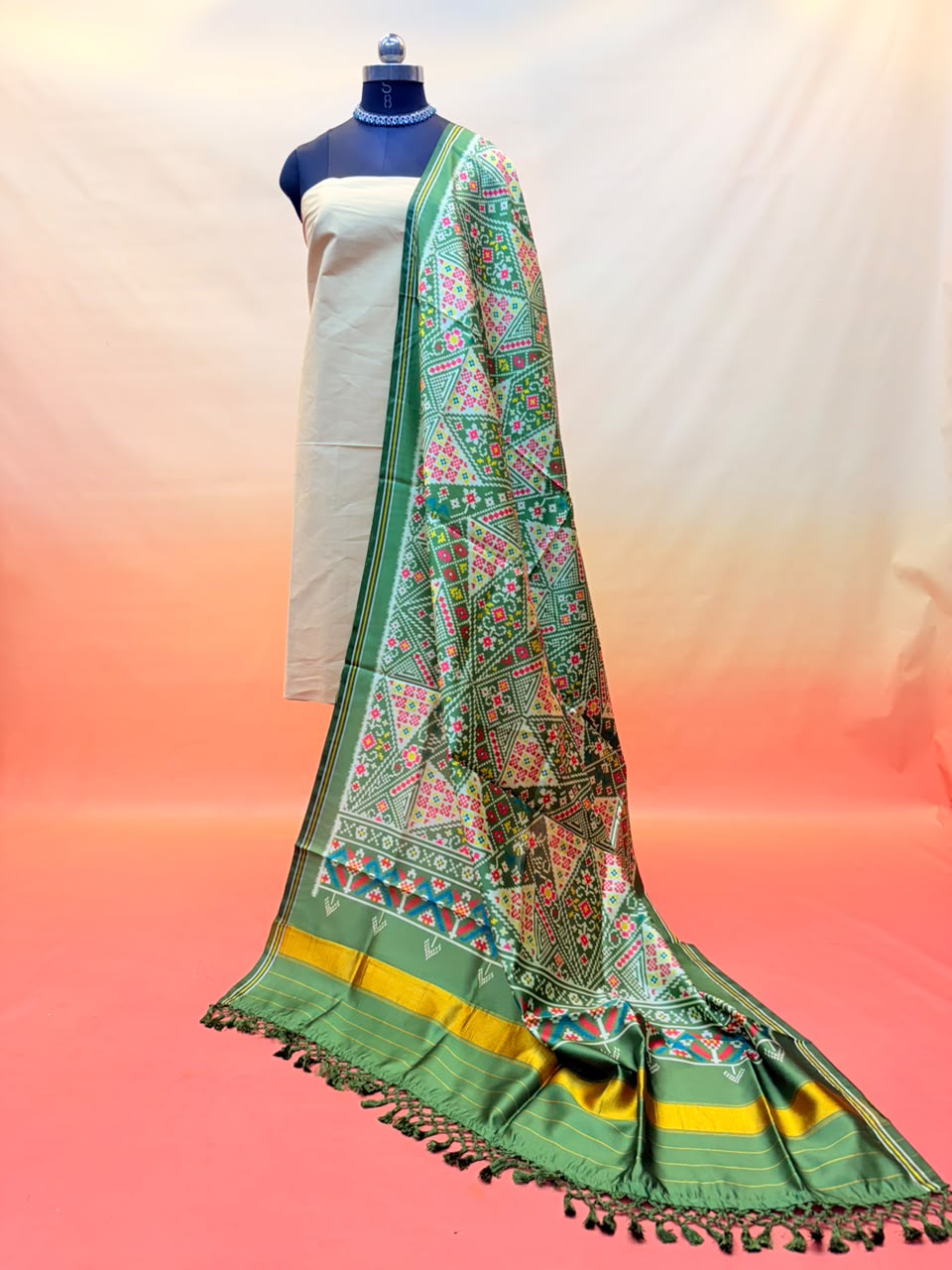 MCD 059: Mehndi Green Patola Silk Dupatta With Tassels &amp; Standard Length