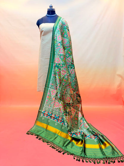MCD 059: Mehndi Green Patola Silk Dupatta With Tassels &amp; Standard Length