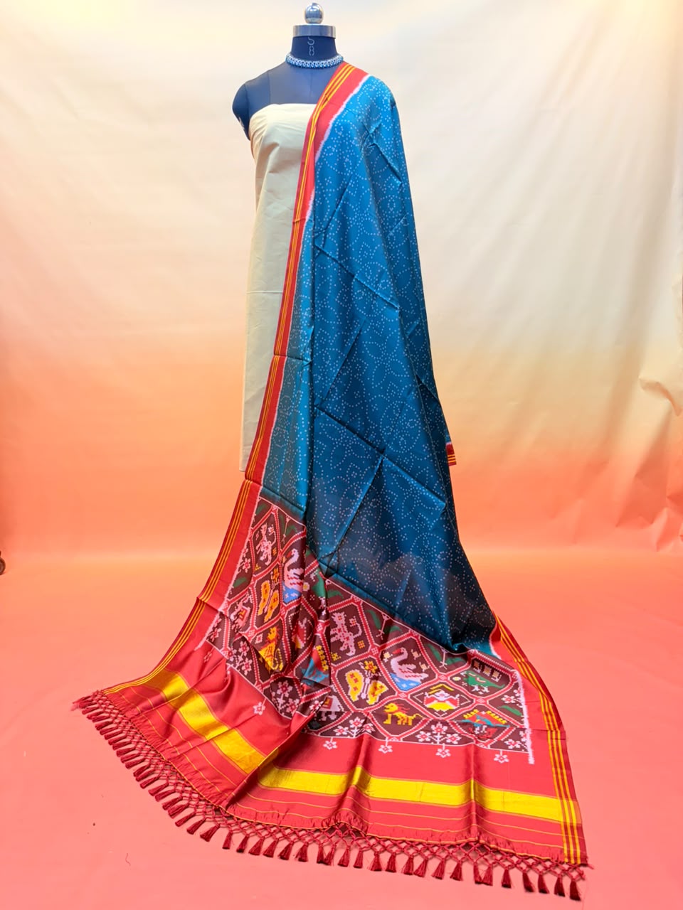 MCD 048 Glossy Teal Green Patola Silk Dupatta With Tassels &amp; Standard Length