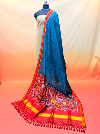 MCD 048 Glossy Teal Green Patola Silk Dupatta With Tassels &amp; Standard Length