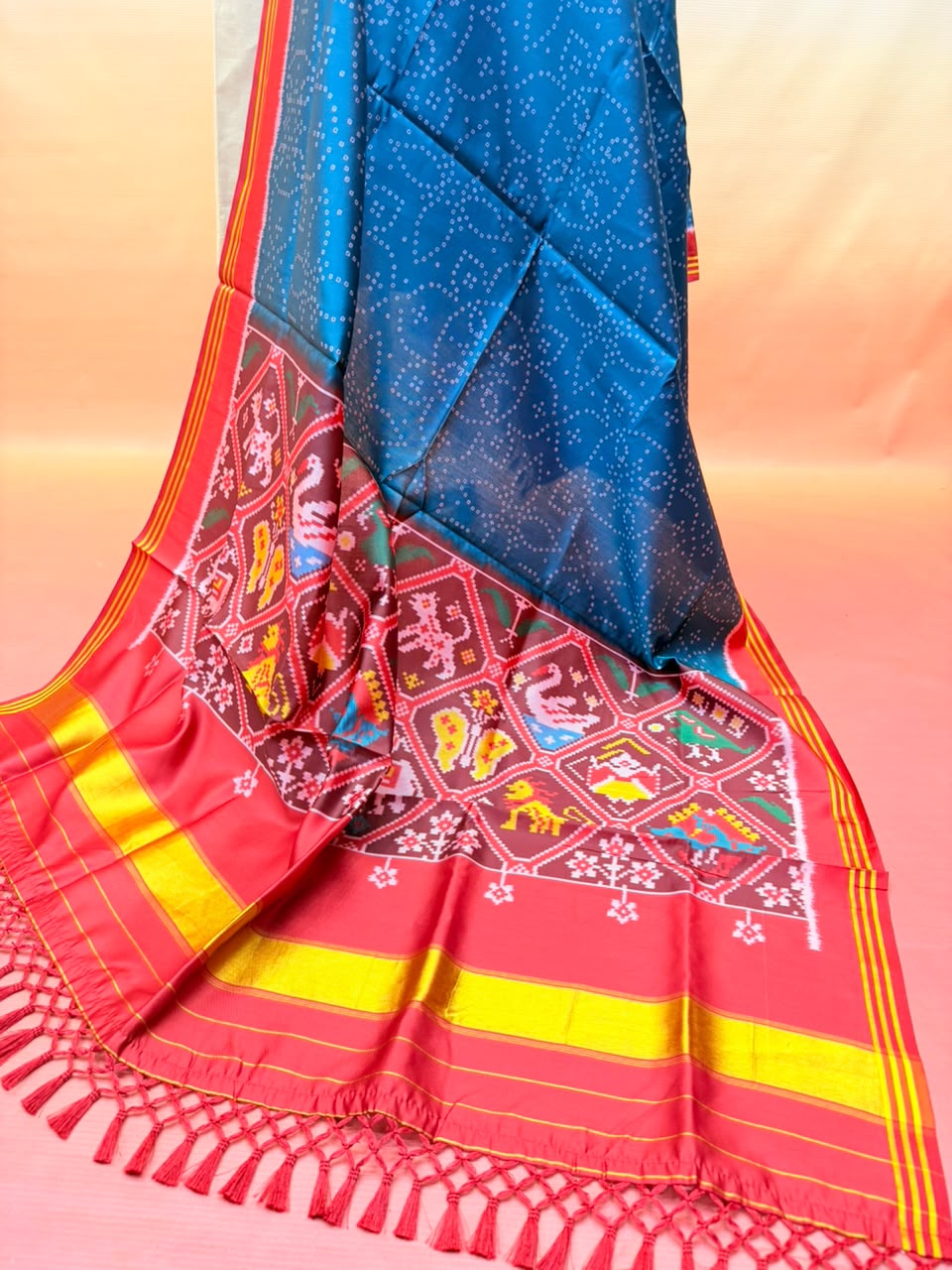 MCD 048 Glossy Teal Green Patola Silk Dupatta With Tassels &amp; Standard Length