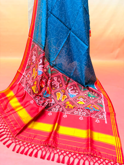 MCD 048 Glossy Teal Green Patola Silk Dupatta With Tassels &amp; Standard Length