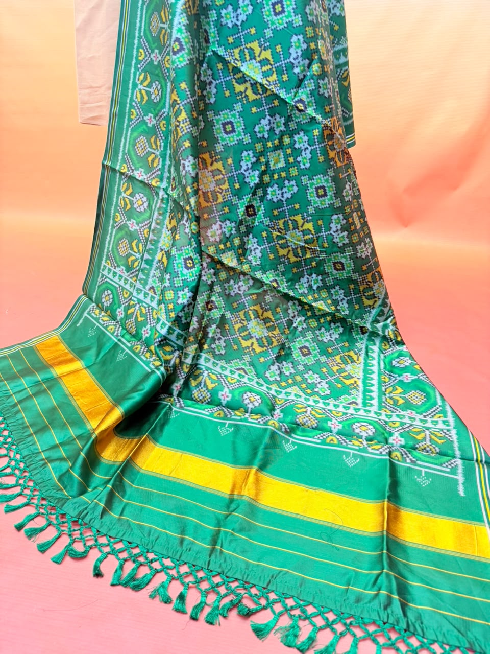MCD 051 Rama Green Patola Silk Dupatta With Tassels &amp; Standard Length