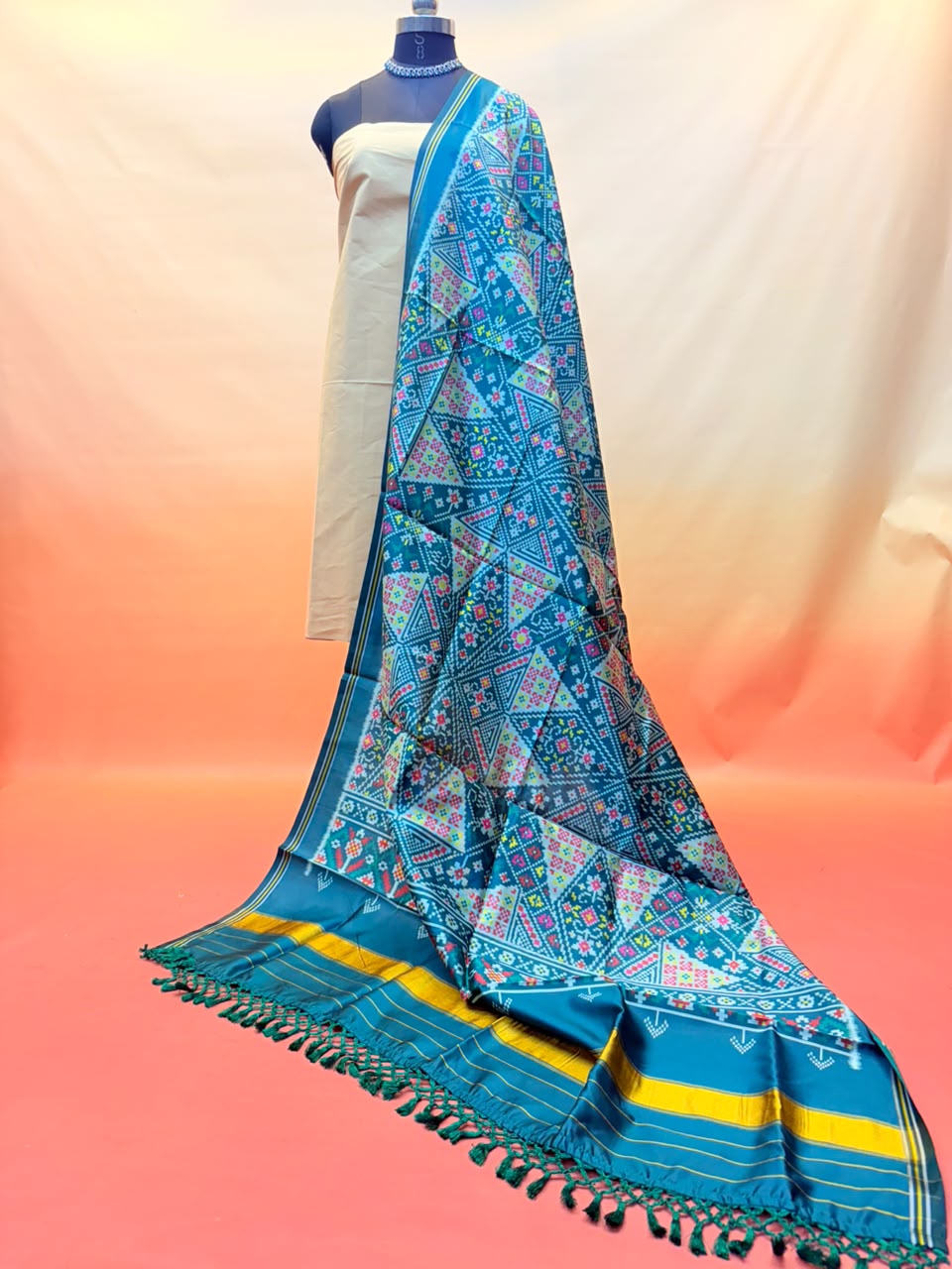MCD 057: Deep Rama Green Patola Silk Dupatta With Tassels &amp; Standard Length