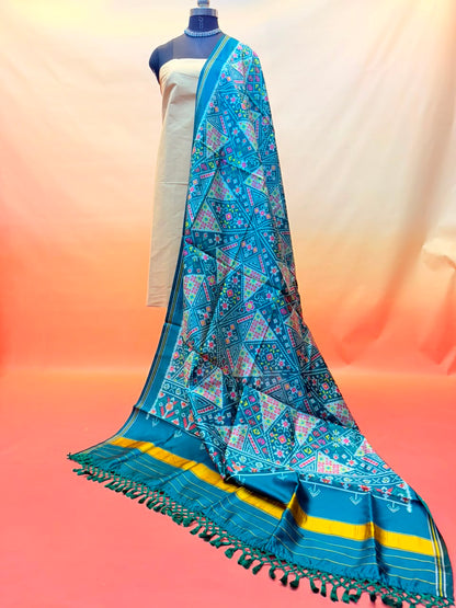 MCD 057: Deep Rama Green Patola Silk Dupatta With Tassels &amp; Standard Length