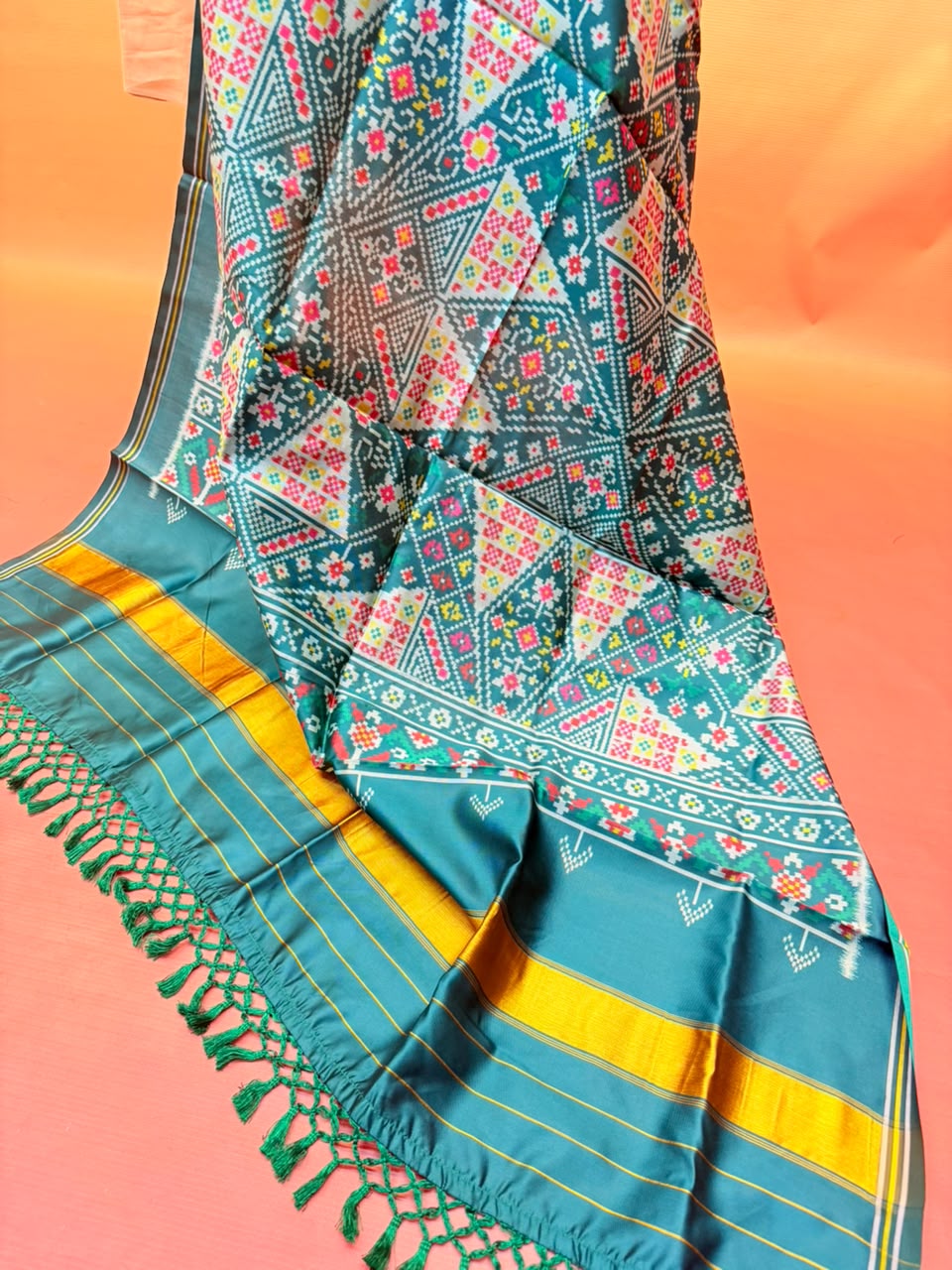 MCD 057: Deep Rama Green Patola Silk Dupatta With Tassels &amp; Standard Length