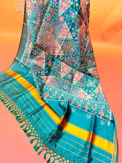 MCD 057: Deep Rama Green Patola Silk Dupatta With Tassels &amp; Standard Length
