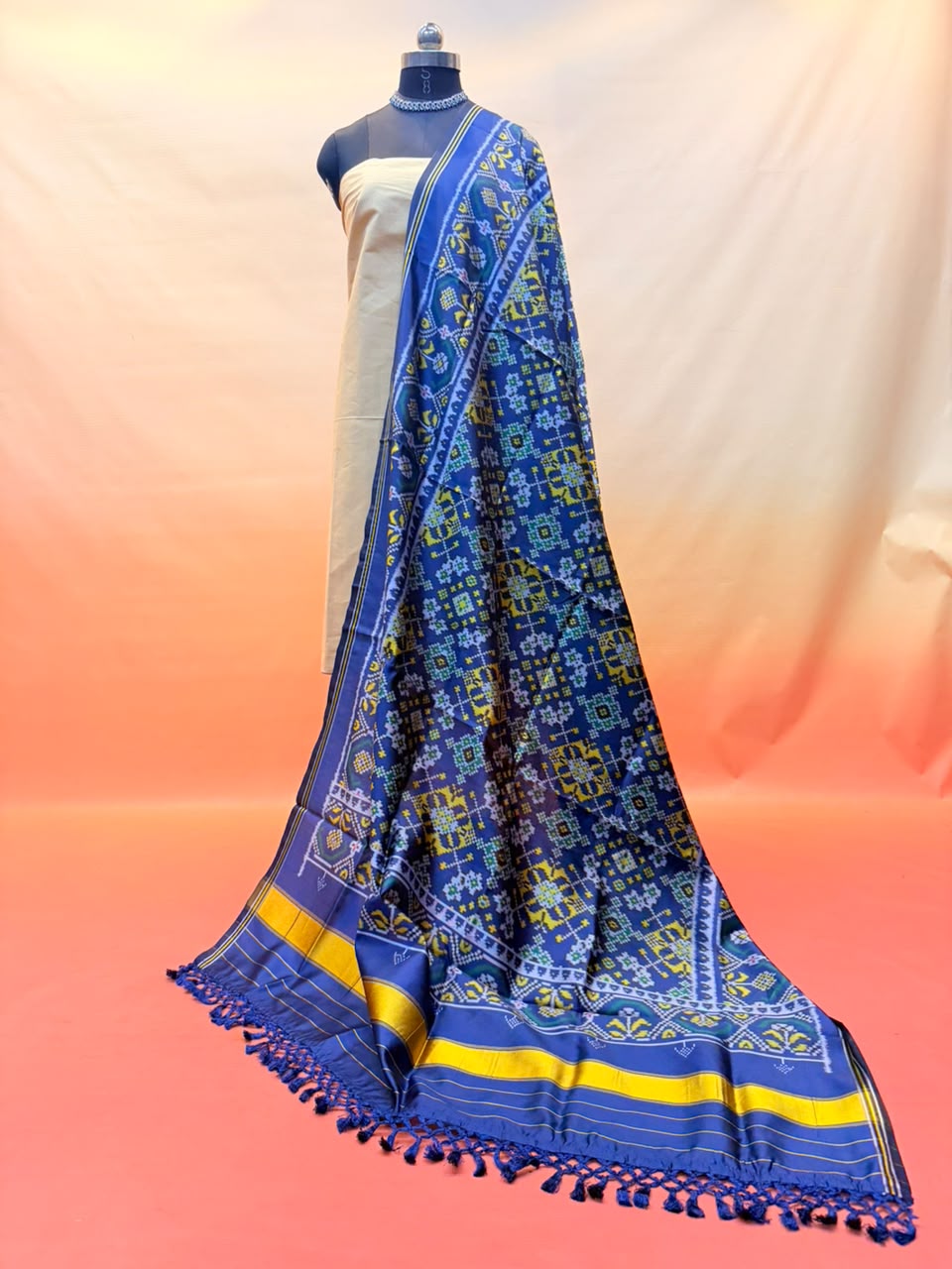 MCD 055: Indigo Blue Patola Silk Dupatta With Tassels &amp; Standard Length