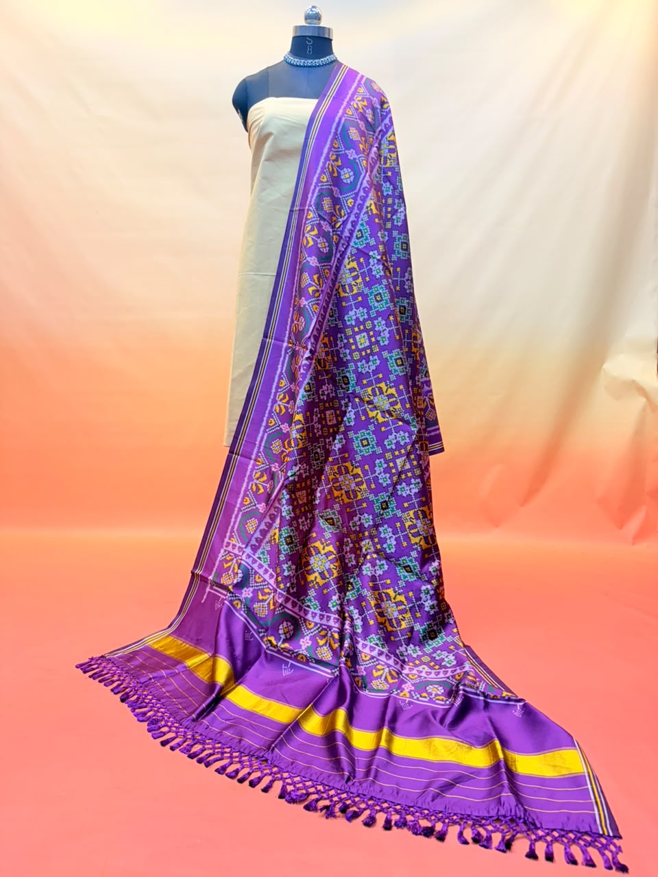 MCD 052 Glossy Purple Patola Silk Dupatta With Tassels &amp; Standard Length