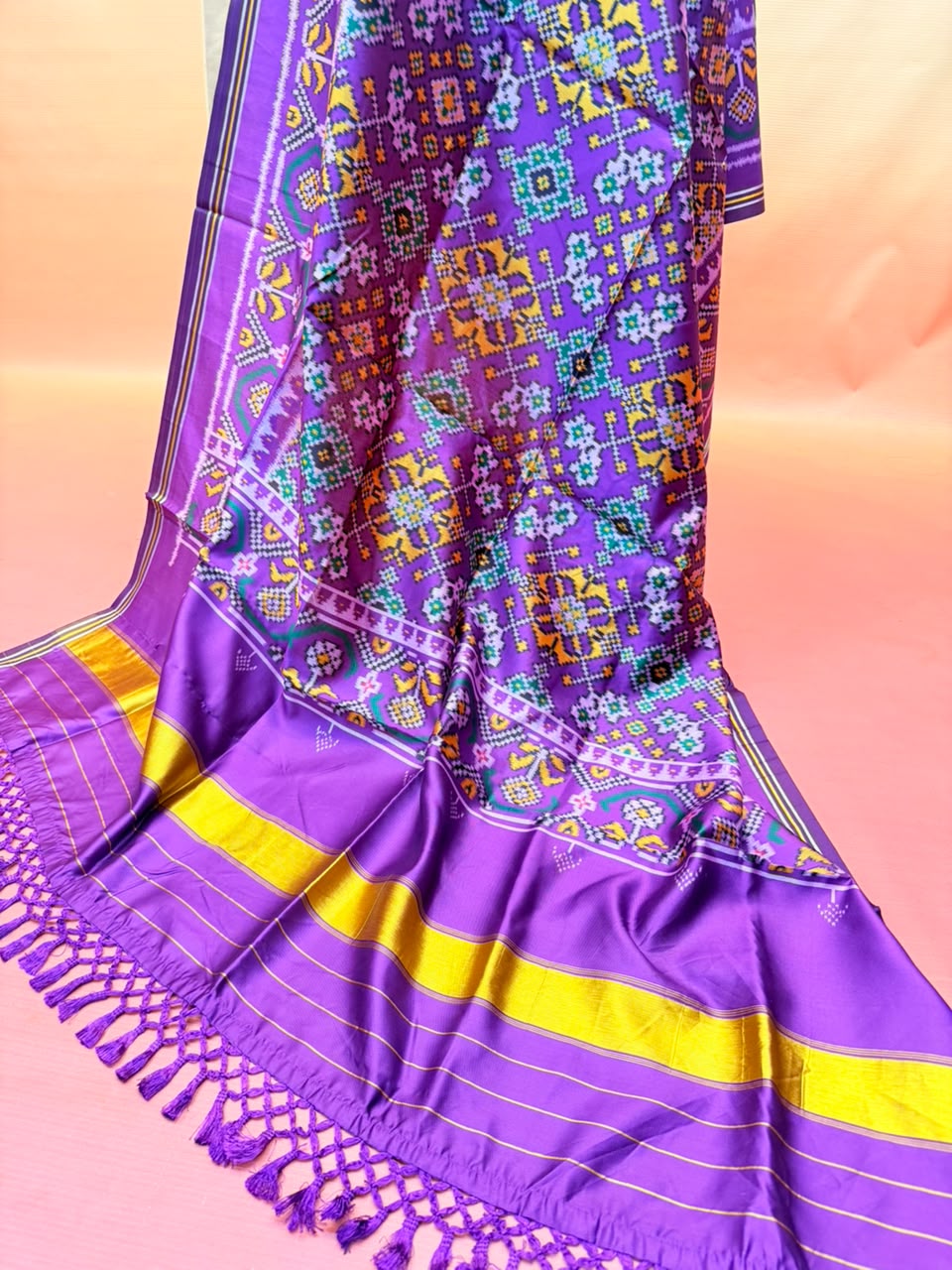 MCD 052 Glossy Purple Patola Silk Dupatta With Tassels &amp; Standard Length