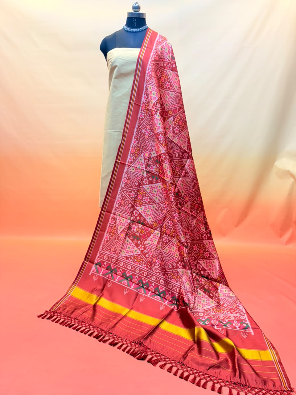 MCD 058 Maroon Red Patola Silk Dupatta With Tassels &amp; Standard Length