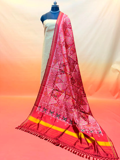 MCD 058 Maroon Red Patola Silk Dupatta With Tassels &amp; Standard Length