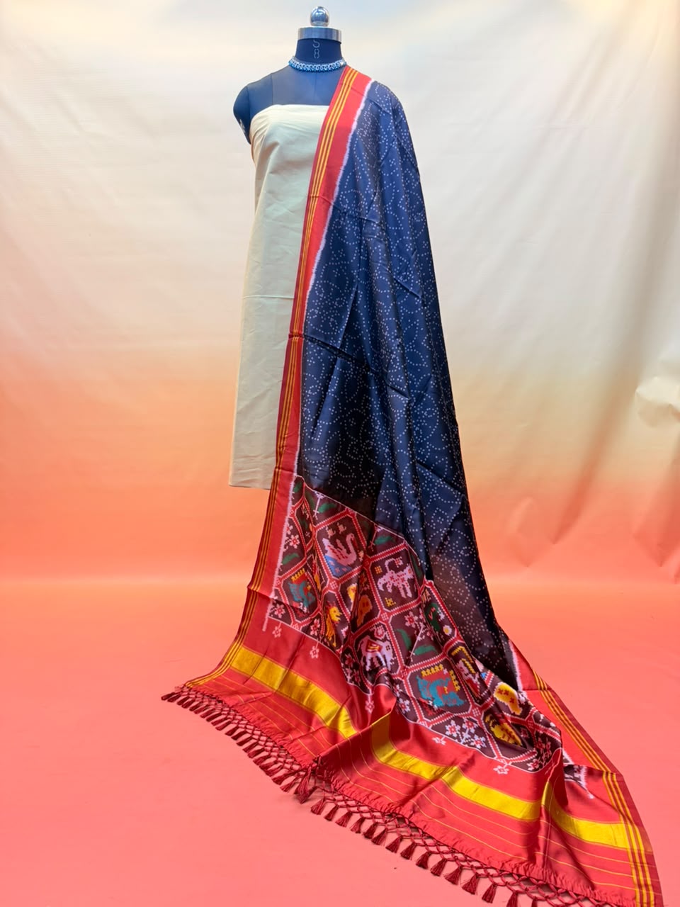MCD 045 Black Chunari Print Patola Silk Dupatta With Tassels &amp; Standard Length