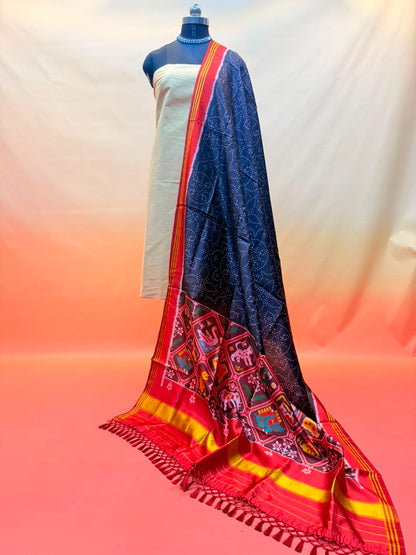 MCD 045 Black Chunari Print Patola Silk Dupatta With Tassels &amp; Standard Length