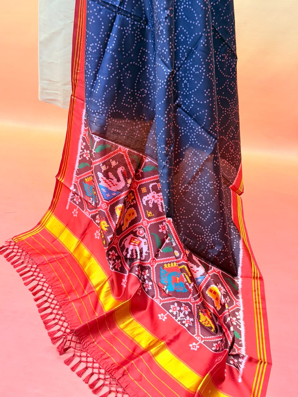 MCD 045 Black Chunari Print Patola Silk Dupatta With Tassels &amp; Standard Length