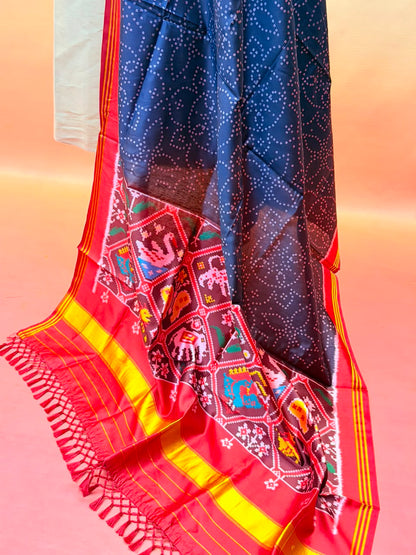 MCD 045 Black Chunari Print Patola Silk Dupatta With Tassels &amp; Standard Length