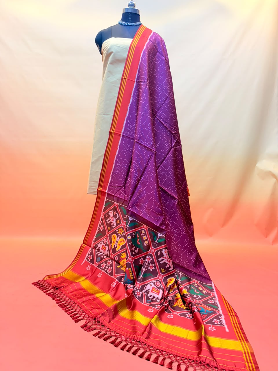 MCD 046: Magenta Patola Silk Dupatta With Tassels &amp; Standard Length