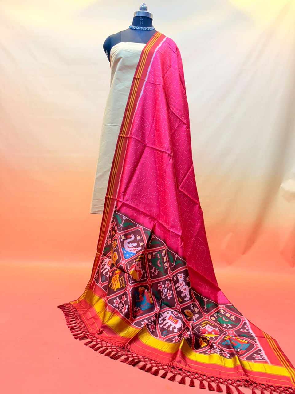 MCD 049: Hot Pink Patola Silk Dupatta With Tassels &amp; Standard Length