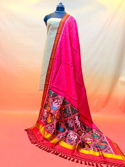 MCD 049: Hot Pink Patola Silk Dupatta With Tassels &amp; Standard Length