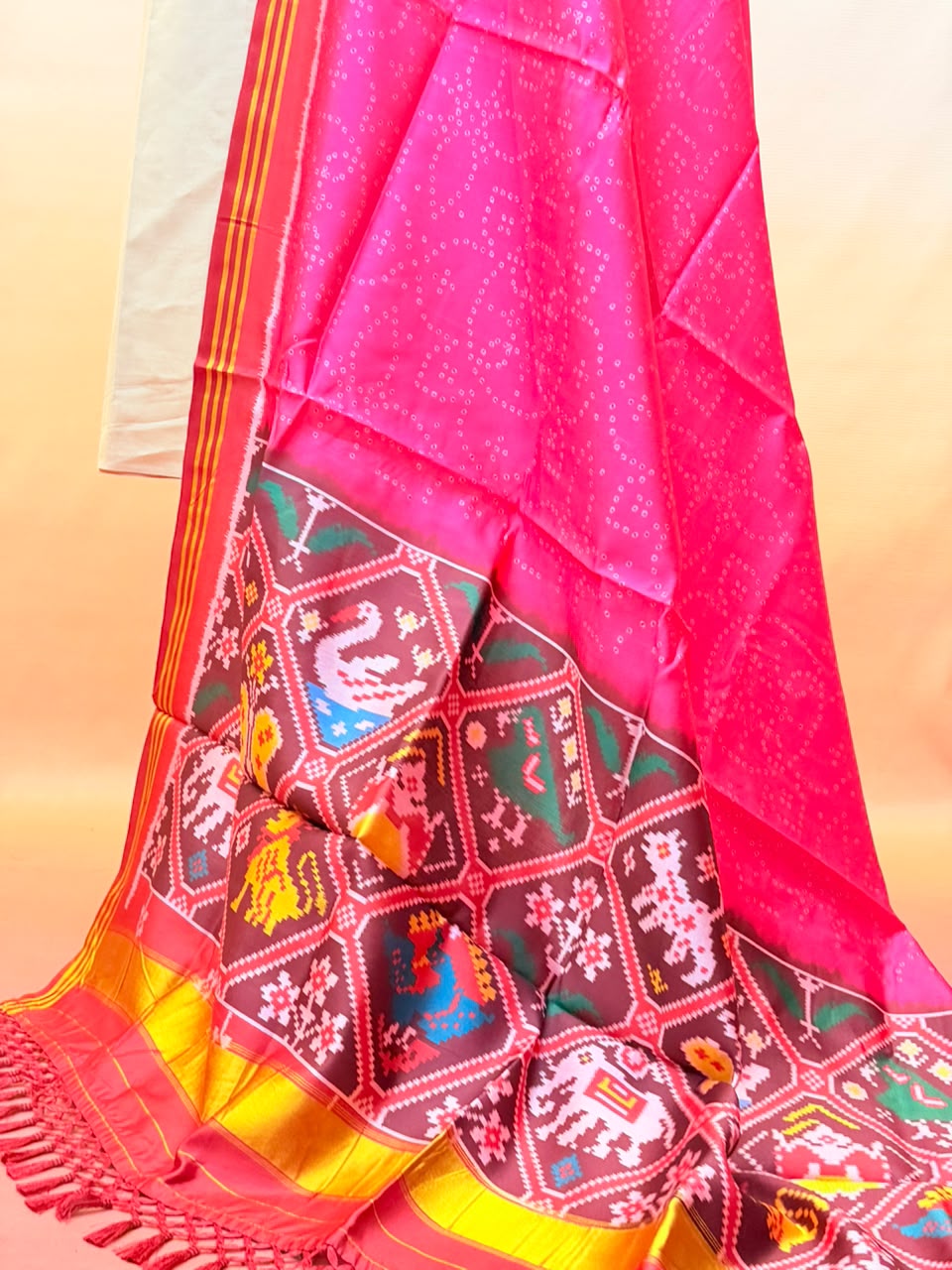 MCD 049: Hot Pink Patola Silk Dupatta With Tassels &amp; Standard Length