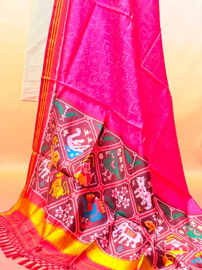 MCD 049: Hot Pink Patola Silk Dupatta With Tassels &amp; Standard Length