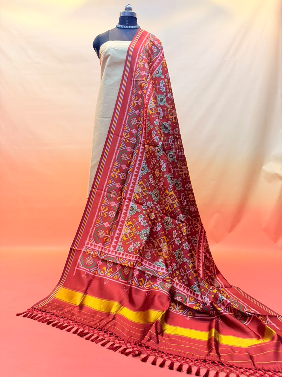 MCD 053: Deep Maroon Patola Silk Dupatta With Tassels &amp; Standard Length