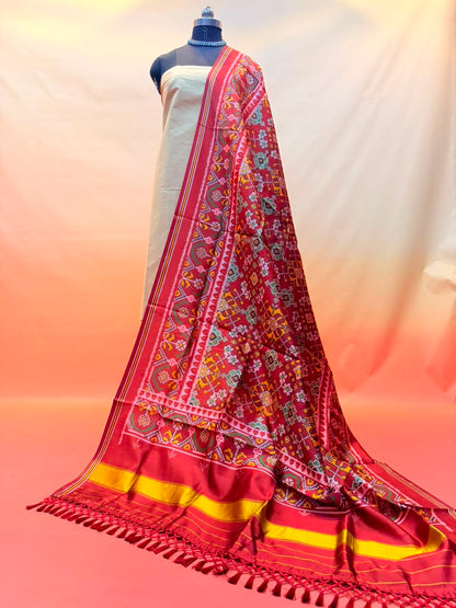 MCD 053: Deep Maroon Patola Silk Dupatta With Tassels &amp; Standard Length
