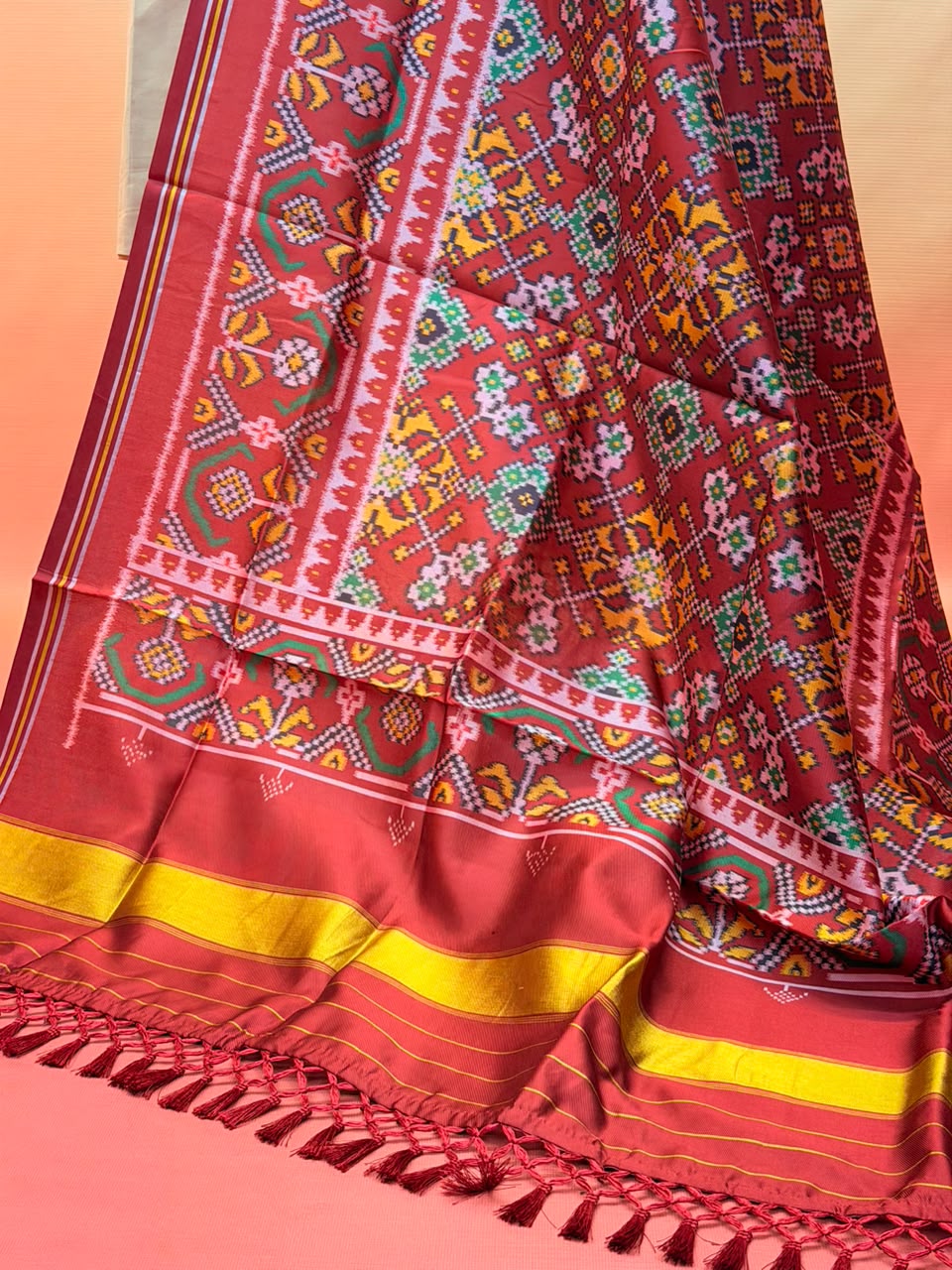 MCD 053: Deep Maroon Patola Silk Dupatta With Tassels &amp; Standard Length