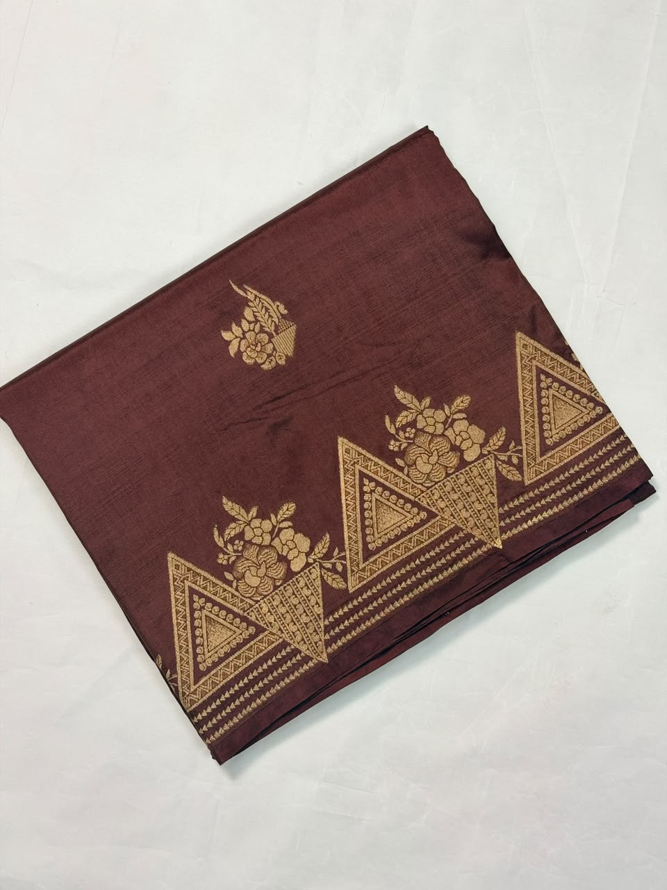UTSAV BANARAS 435B: Coffee Brown Butter Silk Saree with Gold Zari Floral &amp; Geometric Banarasi Border