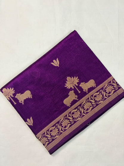 Utsav Banaras 437C: Royal Purple Soft Silk Saree with Gold  Zari Nandi Motifs