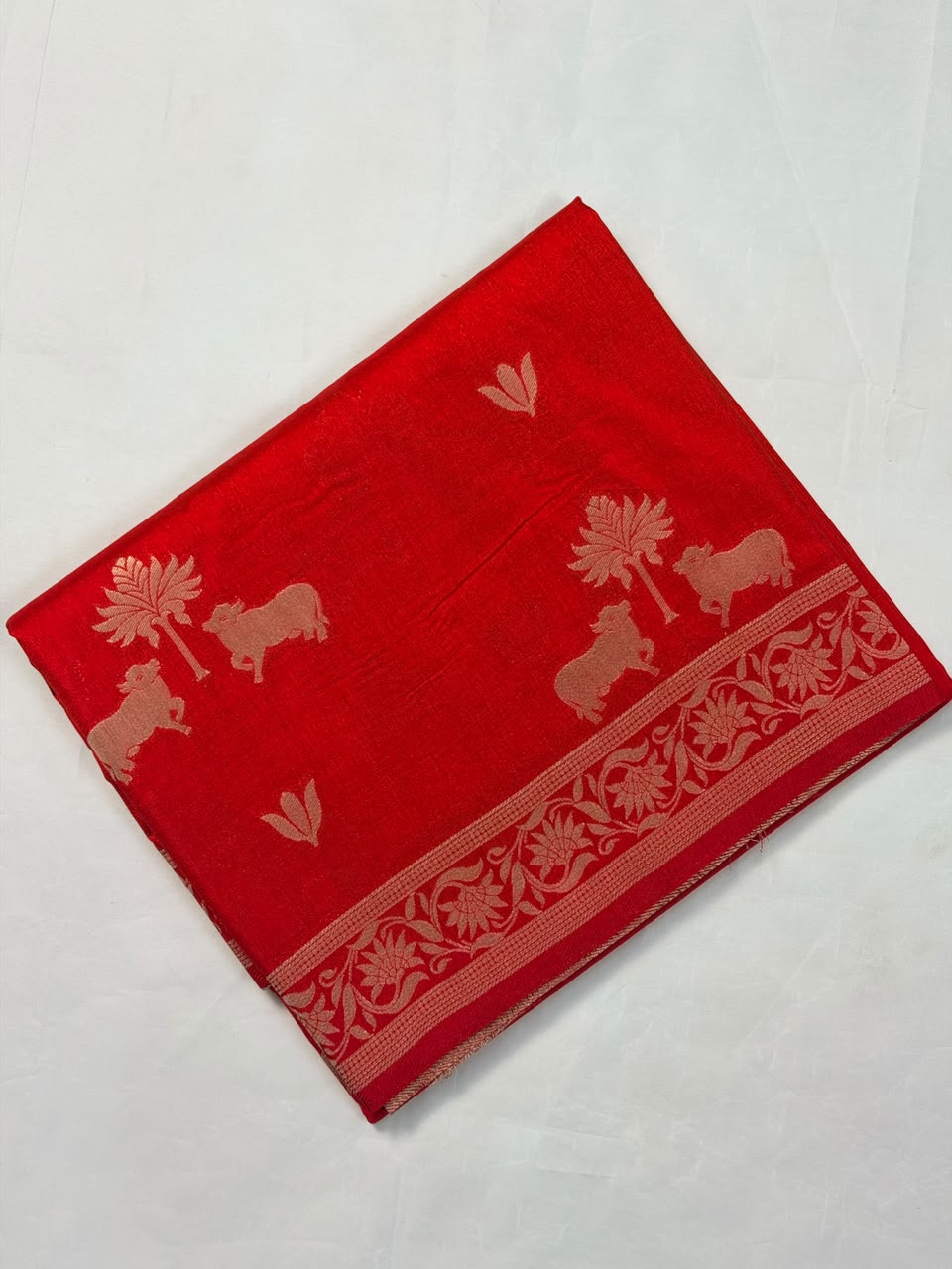 Utsav Banaras 437A: Royal Red Soft Silk Saree with Gold  Zari Nandi Motifs