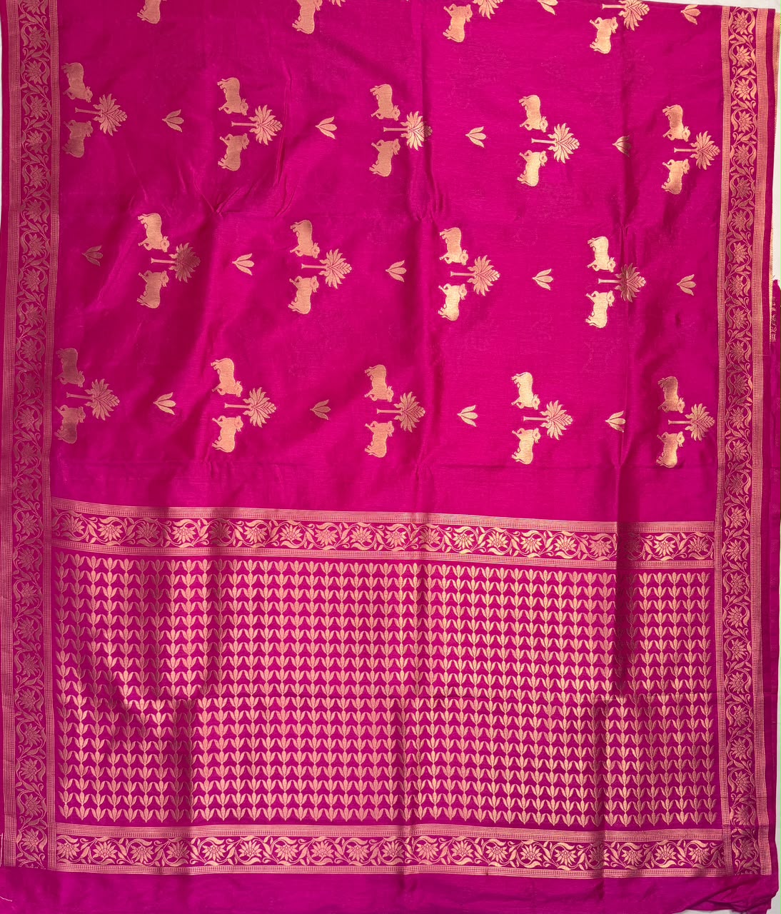 Utsav Banaras 437B: Hot Pink Soft Silk Saree with Gold  Zari Nandi Motifs